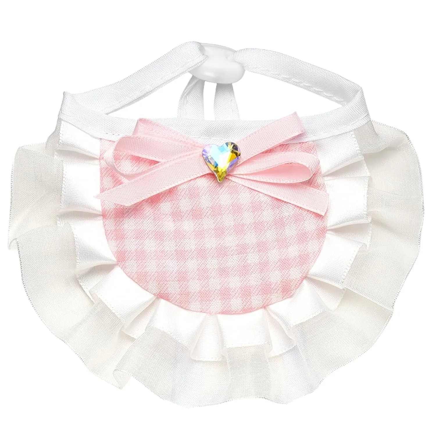 Adjustable Dog Bandana with Elegant Plaid Lace Trim, Colorful Heart Pendant, and Stylish Bowknot (Pink, 5 inches - 21 inches)