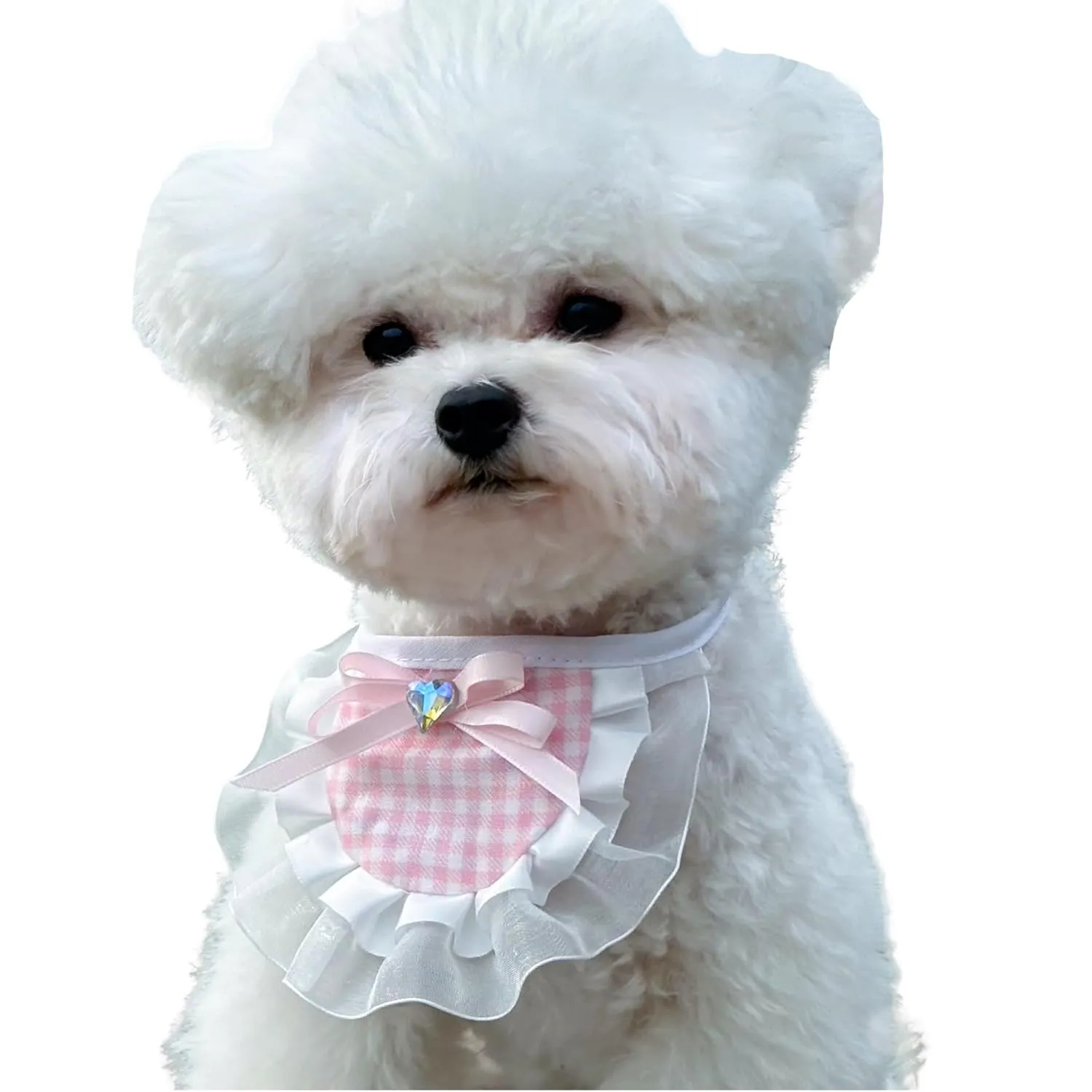 Adjustable Dog Bandana with Elegant Plaid Lace Trim, Colorful Heart Pendant, and Stylish Bowknot (Pink, 5 inches - 21 inches)
