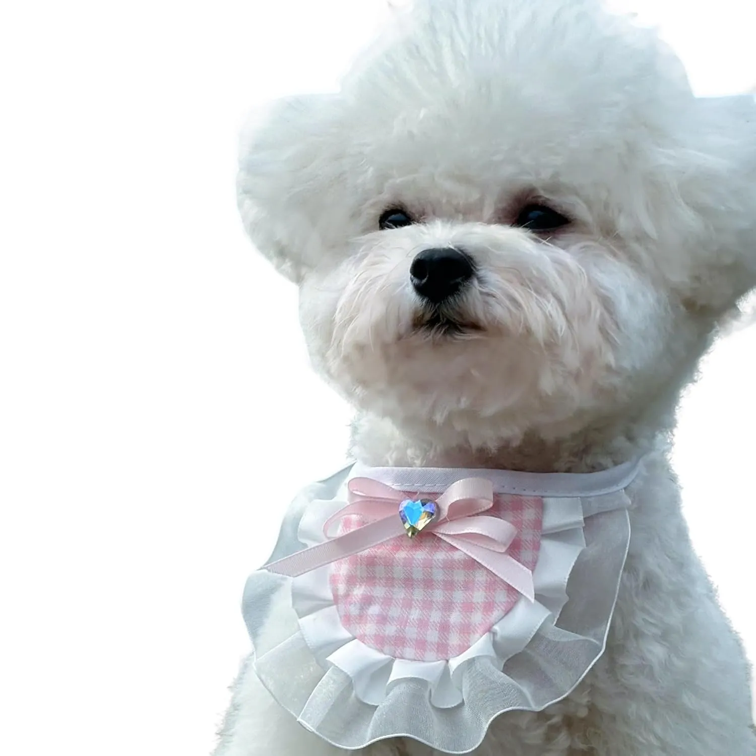 Adjustable Dog Bandana with Elegant Plaid Lace Trim, Colorful Heart Pendant, and Stylish Bowknot (Pink, 5 inches - 21 inches)