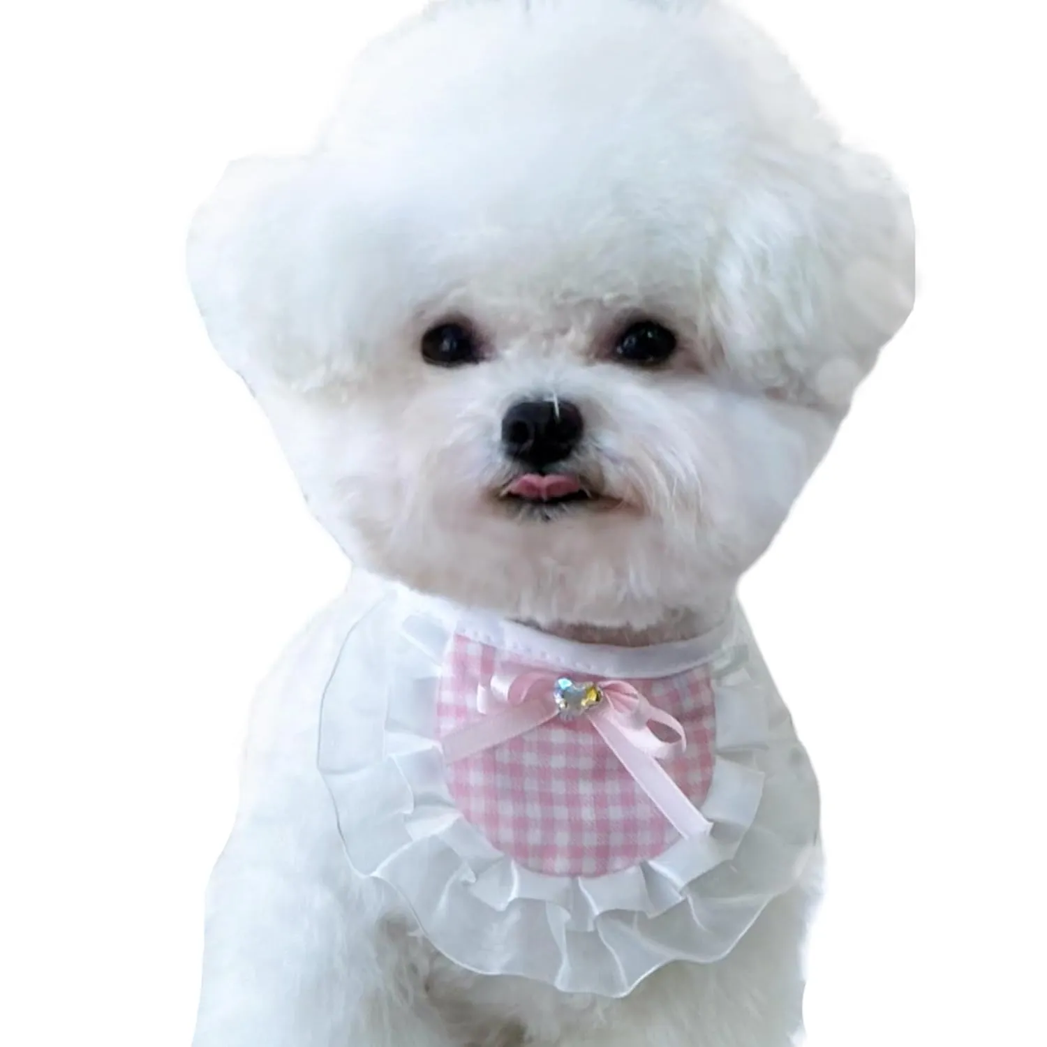 Adjustable Dog Bandana with Elegant Plaid Lace Trim, Colorful Heart Pendant, and Stylish Bowknot (Pink, 5 inches - 21 inches)