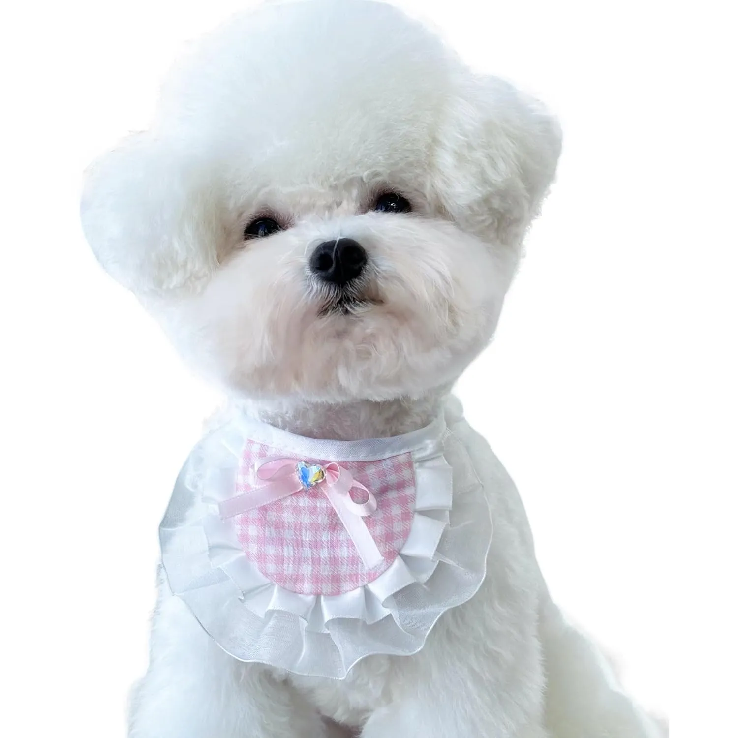 Adjustable Dog Bandana with Elegant Plaid Lace Trim, Colorful Heart Pendant, and Stylish Bowknot (Pink, 5 inches - 21 inches)