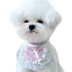 Adjustable Dog Bandana with Elegant Plaid Lace Trim, Colorful Heart Pendant, and Stylish Bowknot (Pink, 5 inches - 21 inches)